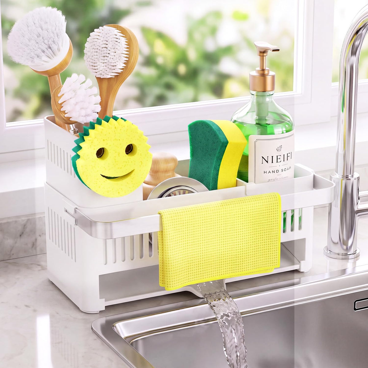 Nieifi Sponge Holder, White Rustproof ABS Sink Caddy with Towel Rack