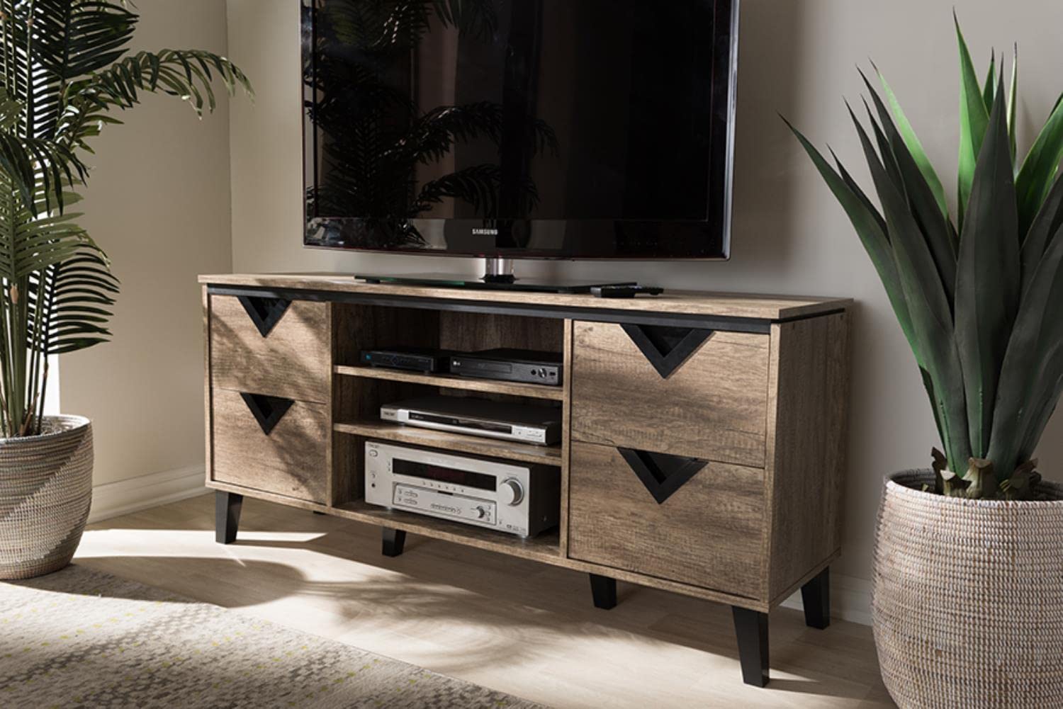 Baxton Studio Beacon TV Stand/Light Brown/Contemporary/Particle Board with PU Paper/Plastic (Handles and Legs)