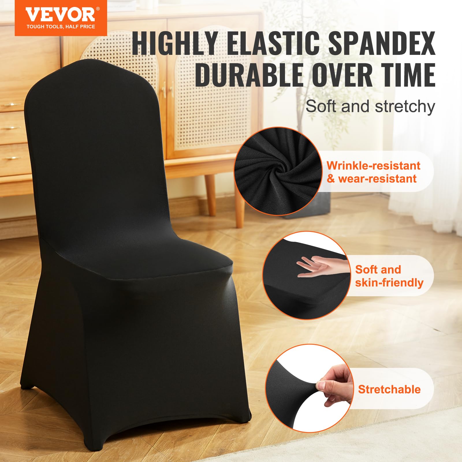 Vevor 50 Pcs Flat-Front Chair Covers Polyester Spandex Stretch Slipcovers For Wedding Party Dining Banquet, Black