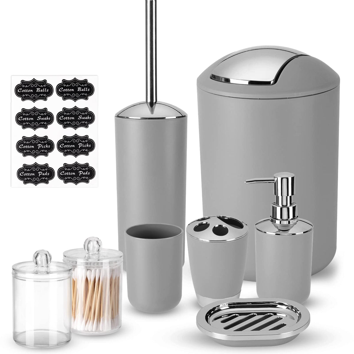 Fixwal Bathroom Accessories, 8 Piece Bathroom Accessories Set with Trash Can, Toothbrush Holder and Cup, Soap Dispenser and Dish