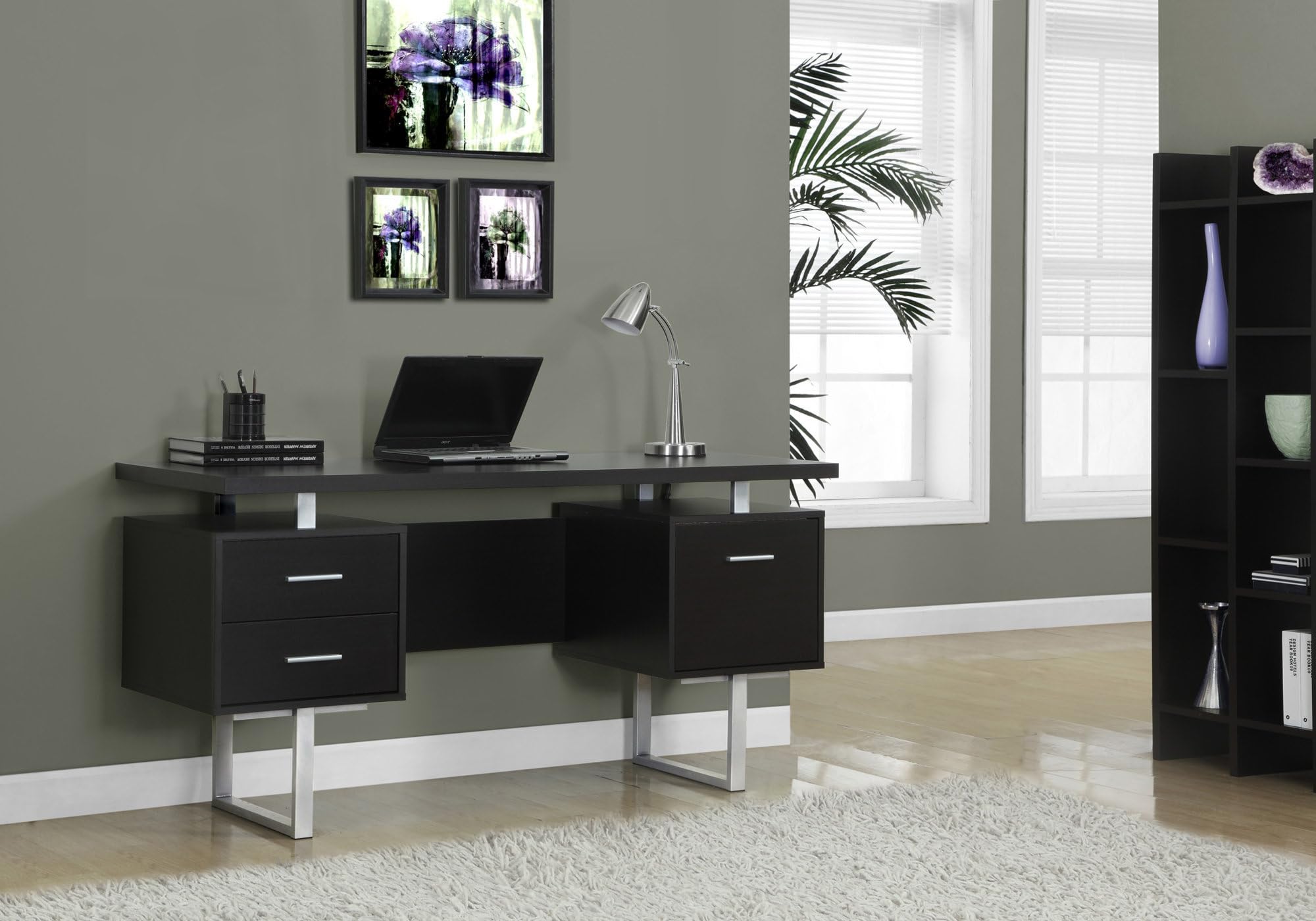 Monarch Specialties Cappuccino Hollow-Core/Silver Metal Office Desk, 60-Inch