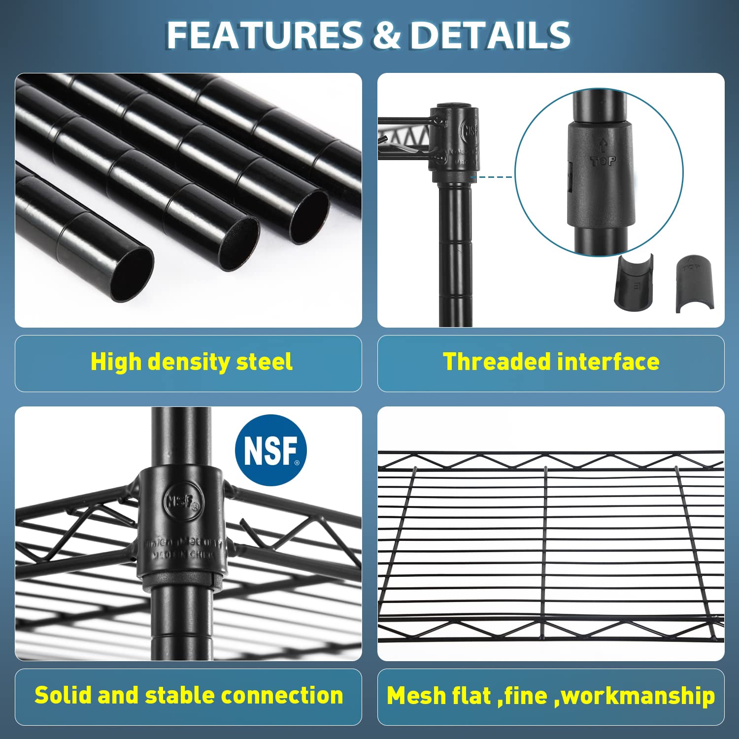 Adjustable Nsf-Certified Metal Shelf Wire Shelving Unit Storage For Small Places Restaurant Garage Pantry Kitchen Garage Rack (Black, 16.7L×11.8W×47.6H)