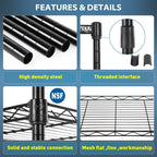 Adjustable Nsf-Certified Metal Shelf Wire Shelving Unit Storage For Small Places Restaurant Garage Pantry Kitchen Garage Rack (Black, 16.7L×11.8W×47.6H)
