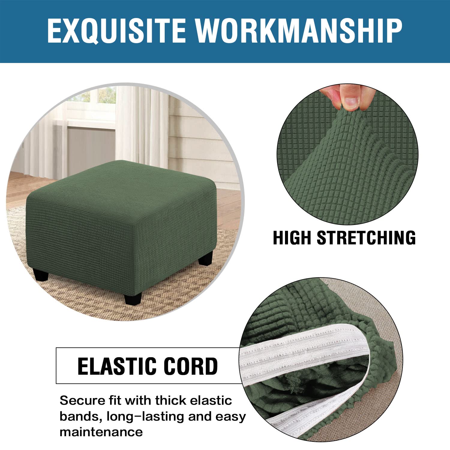 H.Versailtex Square Ottoman Covers Ottoman Slipcovers Folding Storage Stool Furniture Protector Form Fit With Elastic Bottom, Stretch High Spandex Small Checks Jacquard Fabric(Large,Bronze Green)