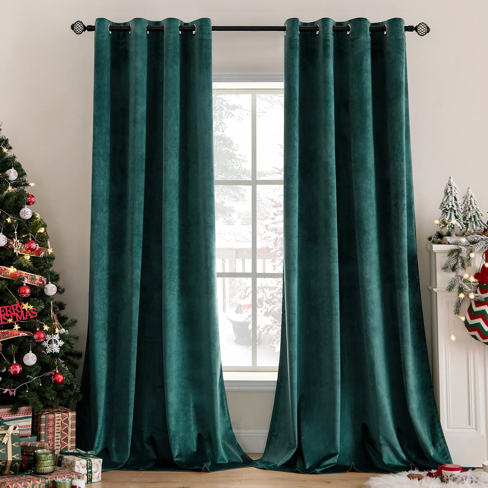 Miulee Dark Green Velvet Curtains For Christmas Room Darkening Blackout Soft Grommet Top Emerald Thermal Insulated Soundproof Bl