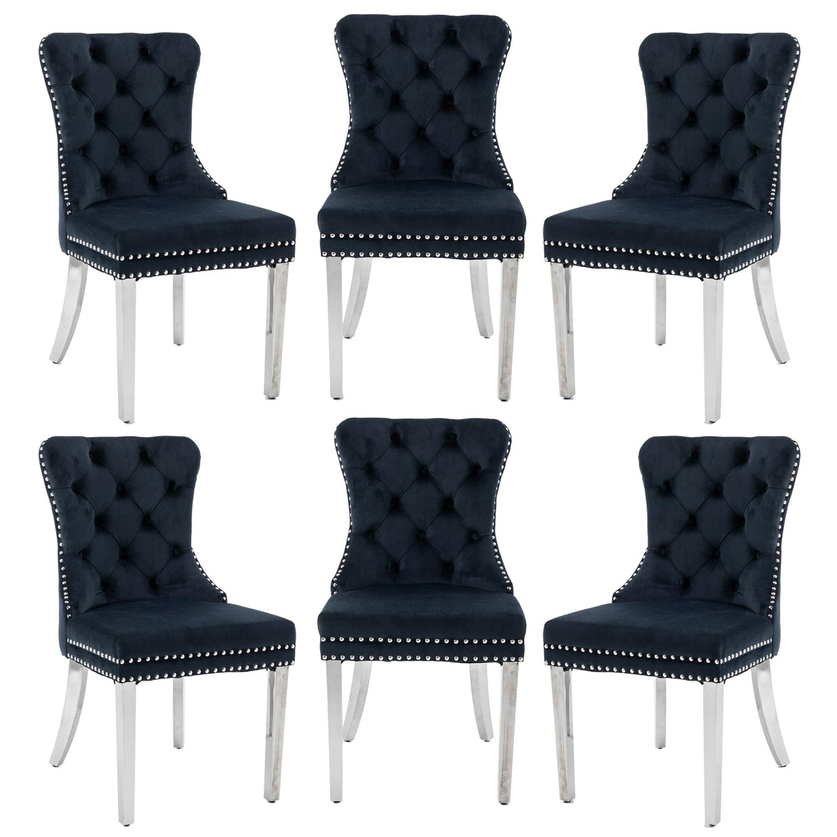 Goolon Dining Room Chairs Set Of 6, Button Tufted Velvet Chairs With Modern Stainless Steel Legs, Rivet Trim Metal Pull Ring Bac