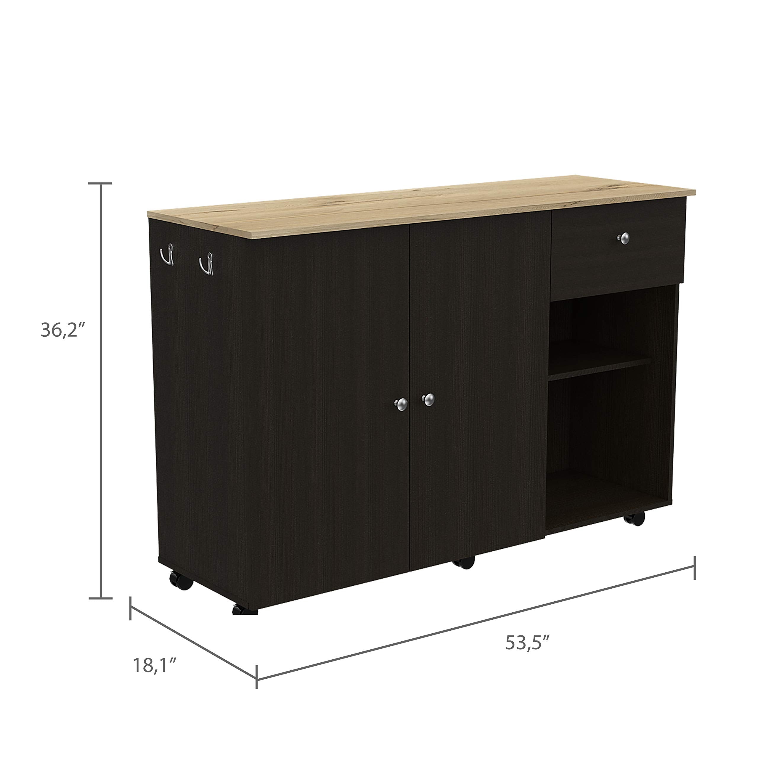 Syros Kitchen Island Cart, 6 Carter, 1 Drawer, Double Door Cabinet, 2 External Shelves, 4 Interior Shelves, Black/Macadamia