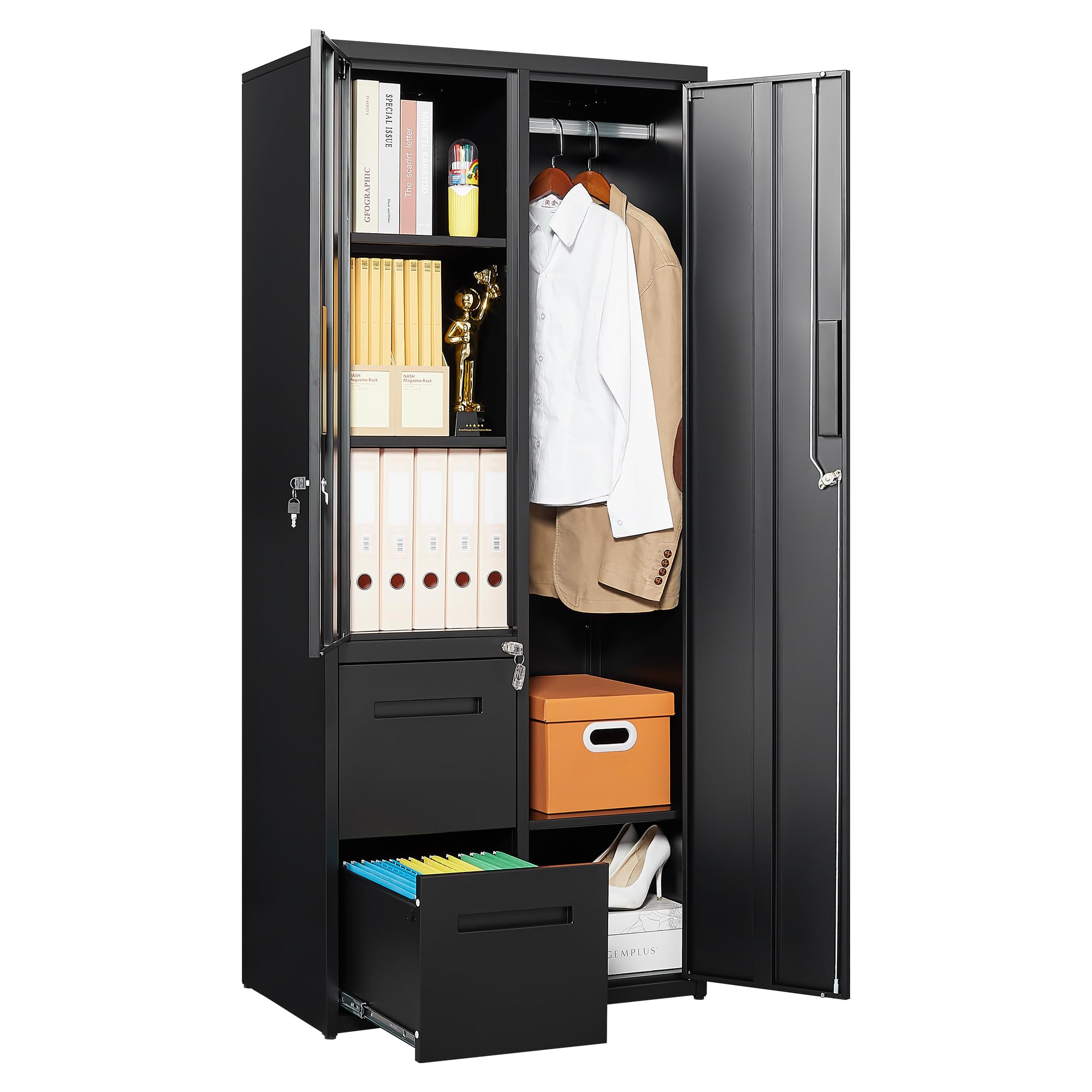 Anxxsu Metal Storage Cabinets Locker, 67' Locker With Clothes Rod, Lockable Freestanding Wardrobe For Office, Home, School, Lau