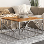 vidaXL Square Coffee Table Desk - Acacia Wood & Stainless Steel, 31.5"x31.5"x15.7", Silver Frame, Modern Design, Assembly Required