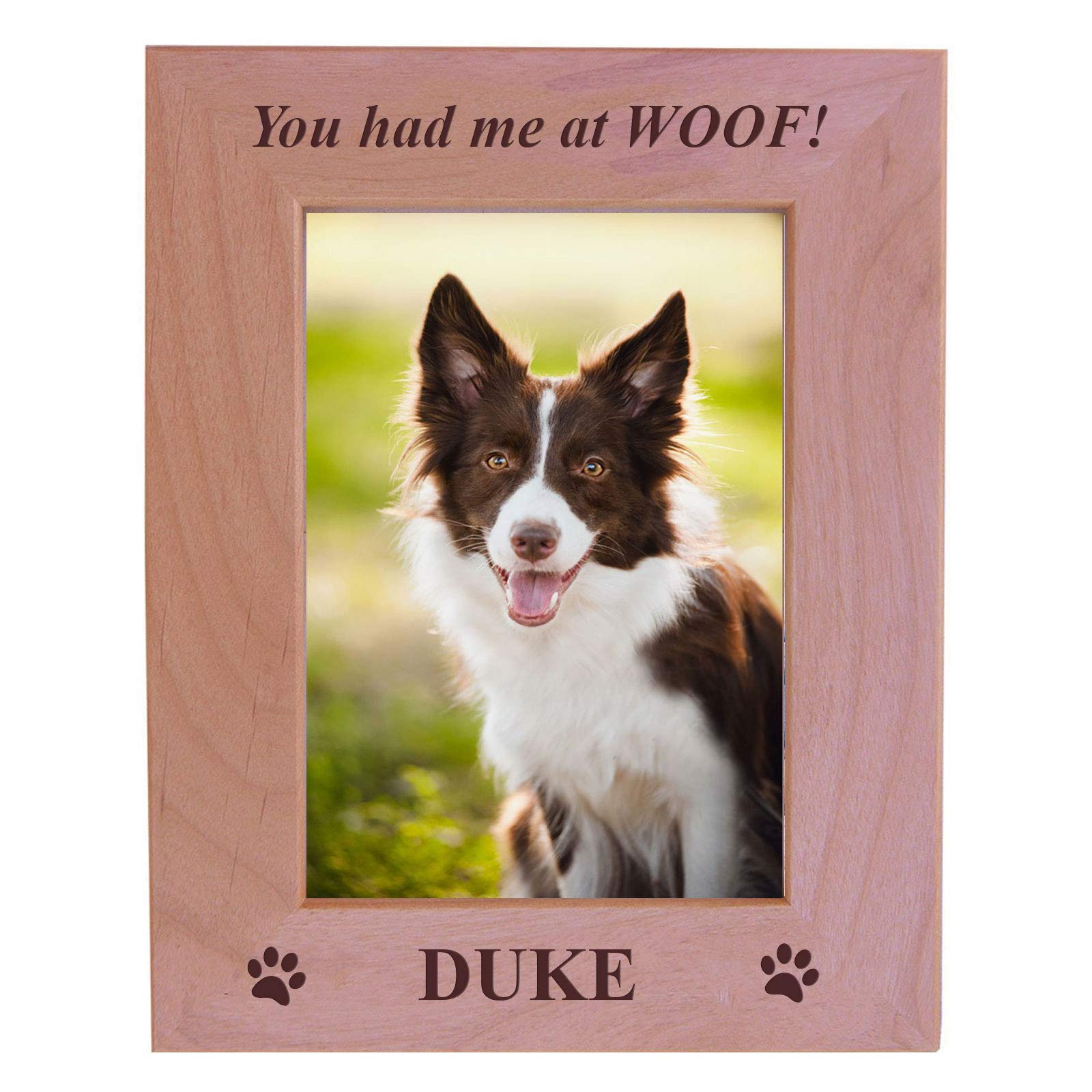 You had me at WOOF! - Custom Engraved Alder Wood Picture Frame - Add your dogs name (5x7 Vertical)