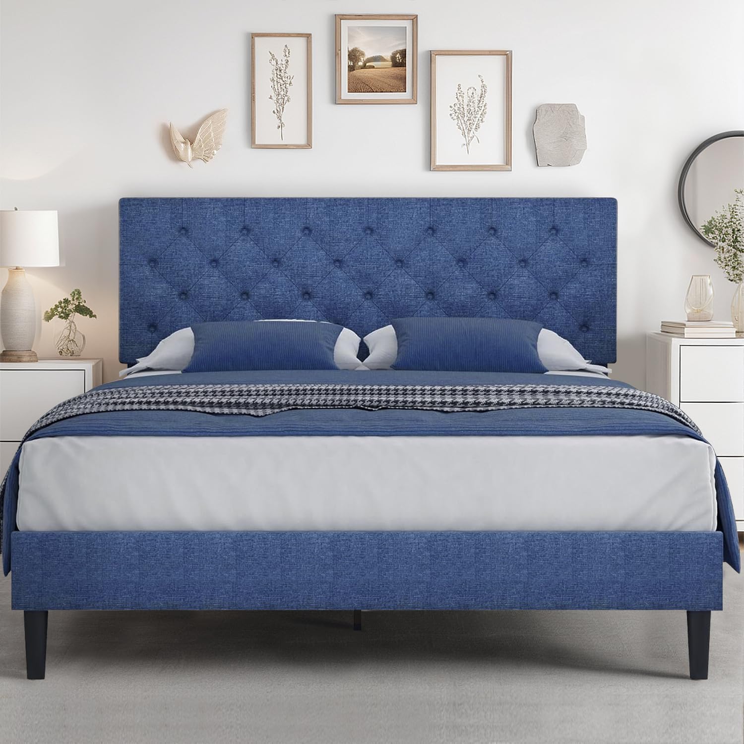 Hombck Queen Bed Frame With Button Tufted Headboard, Blue Upholstered Platform Bed Frame Bed, Soft Fabric/Wood Slats Support/No Box Spring Needed, Easy Assembly, Blue