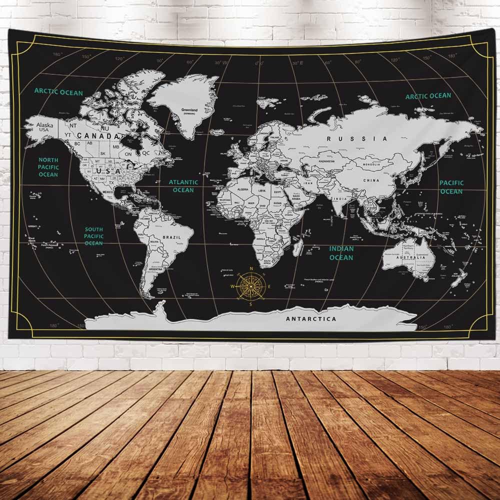 Capsceoll World Map Tapestry Wall Hanging Black White Tapestry Home D  Cor For Home 40X30 Inch Map For Kids Room Wall Art