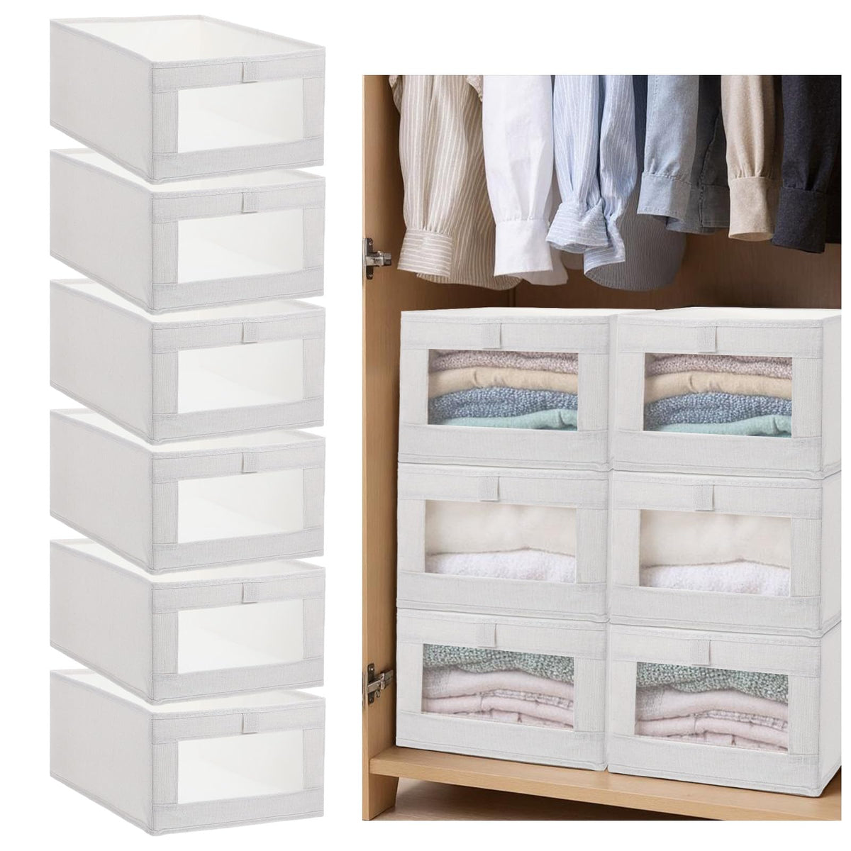 Pafeooui 6 Pack Foldable Linen Closet Organizers, Clear Window Storage Bins Storage Containers for Clothing, Towels, Books, Shel
