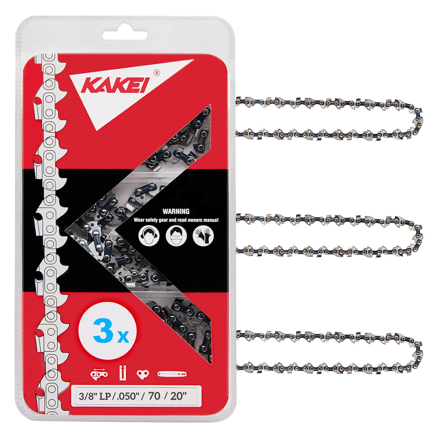 Kakei 20 Inch Chainsaw Chain 3/8' Pitch, 050' Gauge, 70 Drive Links Fits Echo, Poulan And More- 72Lpx70Cq (3 Chains) - Chainsa