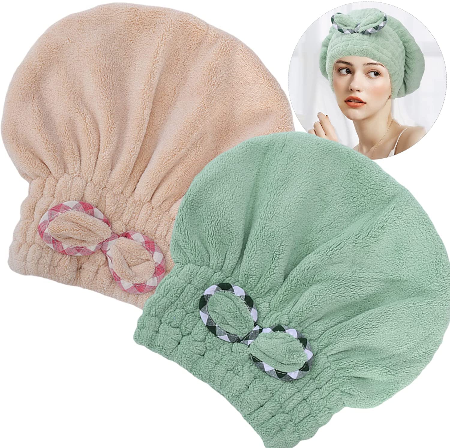 2Pcs Microfiber Hair Drying Cap,Hair Towel Cap,Fast Coral Velvet Hair Drying Towel with Bow-Knot,Quick Dry Fast Drying Hair Caps