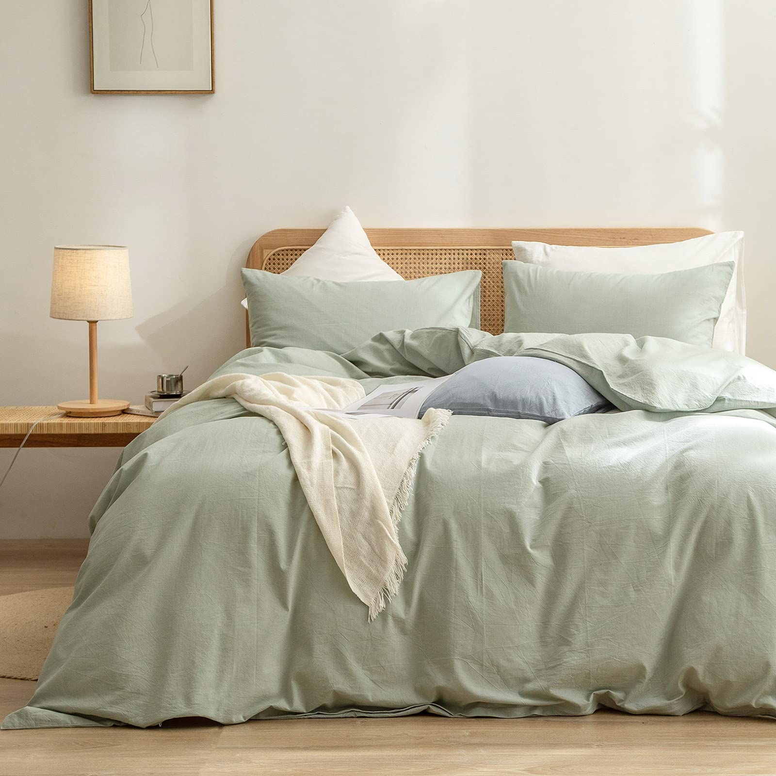 Bestouch Duvet Cover Set 100% Washed Cotton Linen Feel Super Soft Comfortable Chic Lightweight 2 Pcs Home Bedding Set Solid Sage