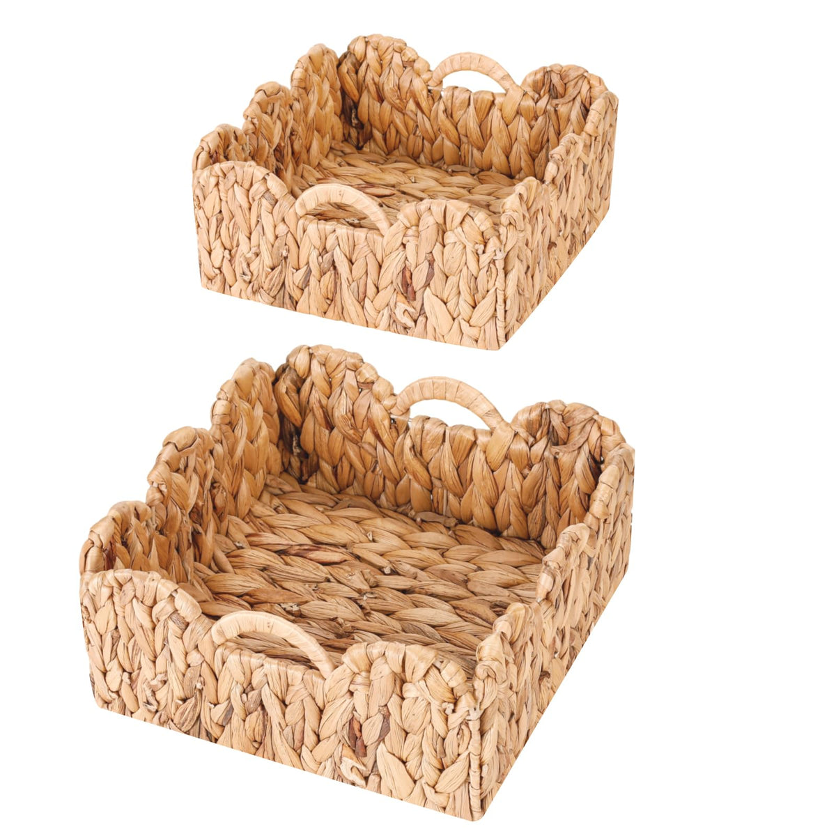 Scalloped Wicker Storage Basket Set of 2, Handwoven Water Hyacinth Baskets with Handles, Decorative Woven Baskets for Bathroom, 