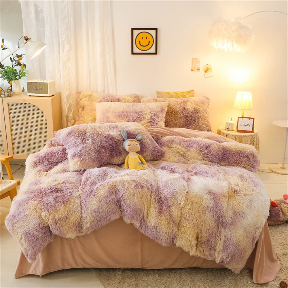 chovy Faux Fur Plush Tie-Dyed Purple White Orange Comforter Sets Twin/Full Size - Ultra Soft Shaggy Flannel Velvet Fluffy Fuzzy 