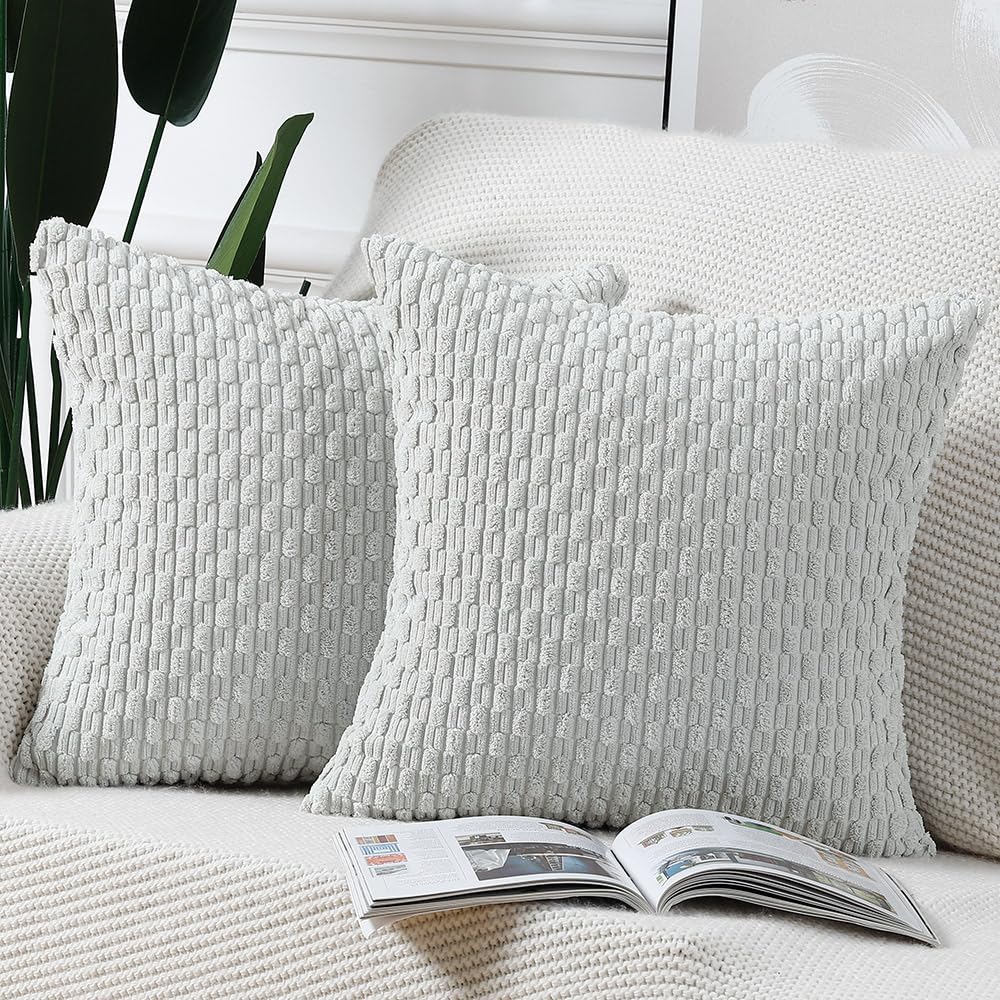 Madizz Pack Of 2 Boho Corduroy Striped Throw Pillow Covers 24X24 Inch Greyish White Soft Decorative Cushion Cover For Bedroom So