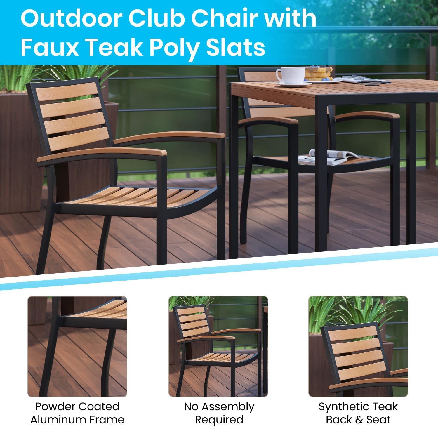 Flash Furniture 3 Piece Outdoor Dining Table Set - Synthetic Teak Poly Slats - 35&quot; Square Steel Framed Table with Umbrella Holder Hole - 2 Stackable Club Chairs