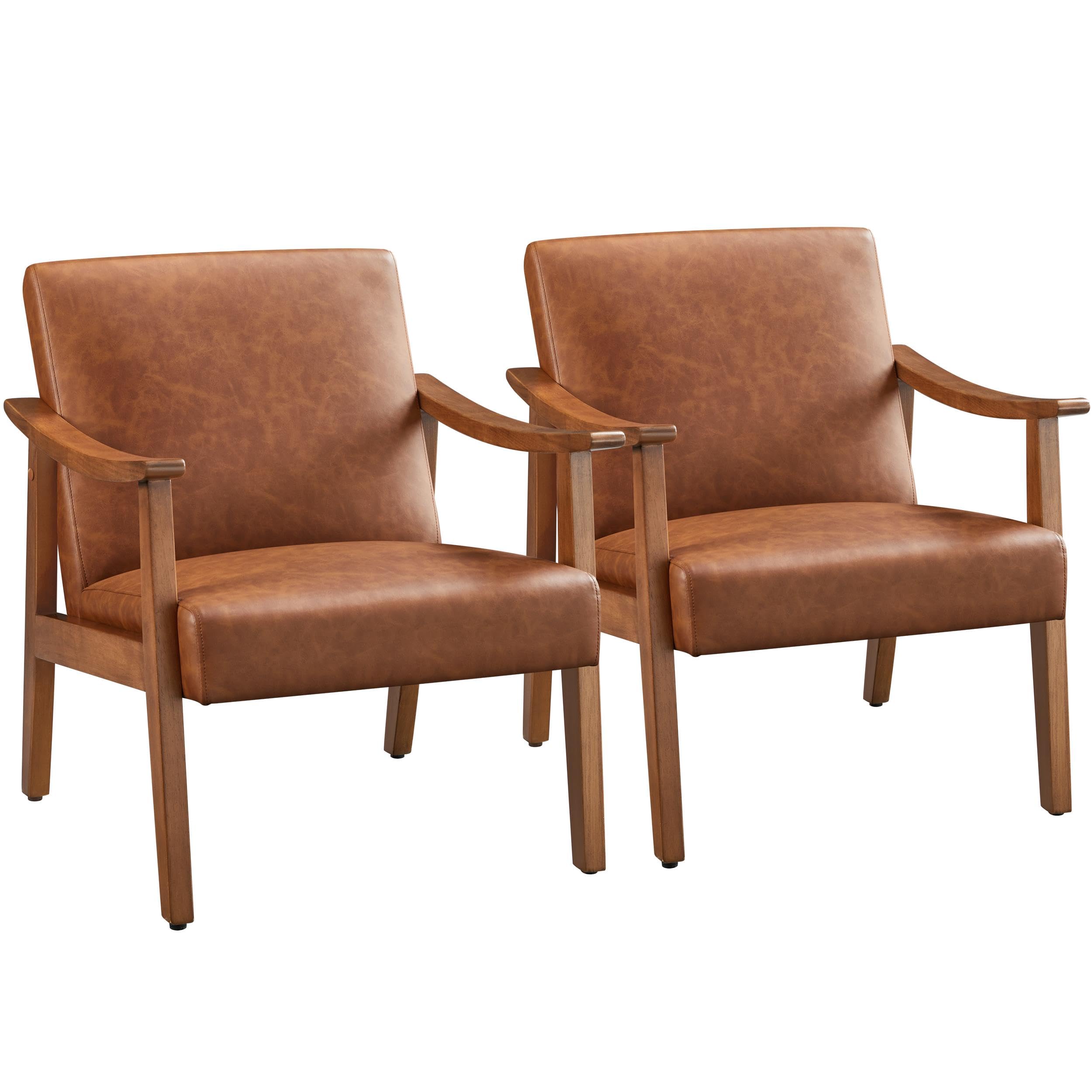 Yaheetech PU Leather Accent Chair, Mid-Century Modern Armchair with Solid Wood Legs, Reading Leisure Chair for Living Room Bedro