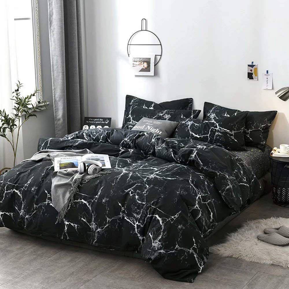 Luxlovery Black Marble Comforter Set Queen Black Marble Bed Set Full Cotton Comforter Cozy Beathable Soft Black And White Marble