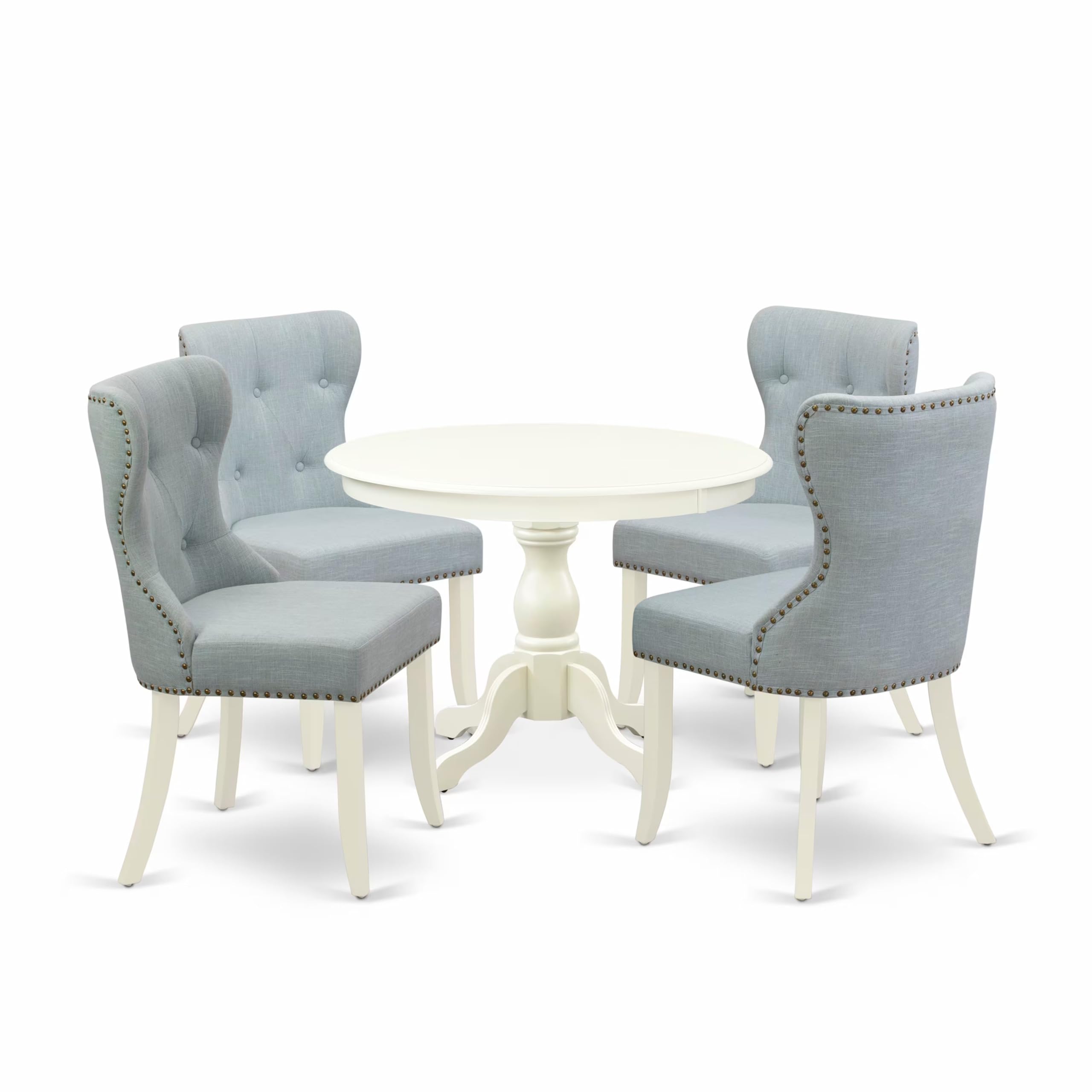 East West Furniture HBSI5-LWH-15 5 Piece Kitchen Table & Chairs Set Includes a Round Dining Room Table with Pedestal and 4 Baby Blue Linen Fabric Parson Chairs, 42x42 Inch, Linen White