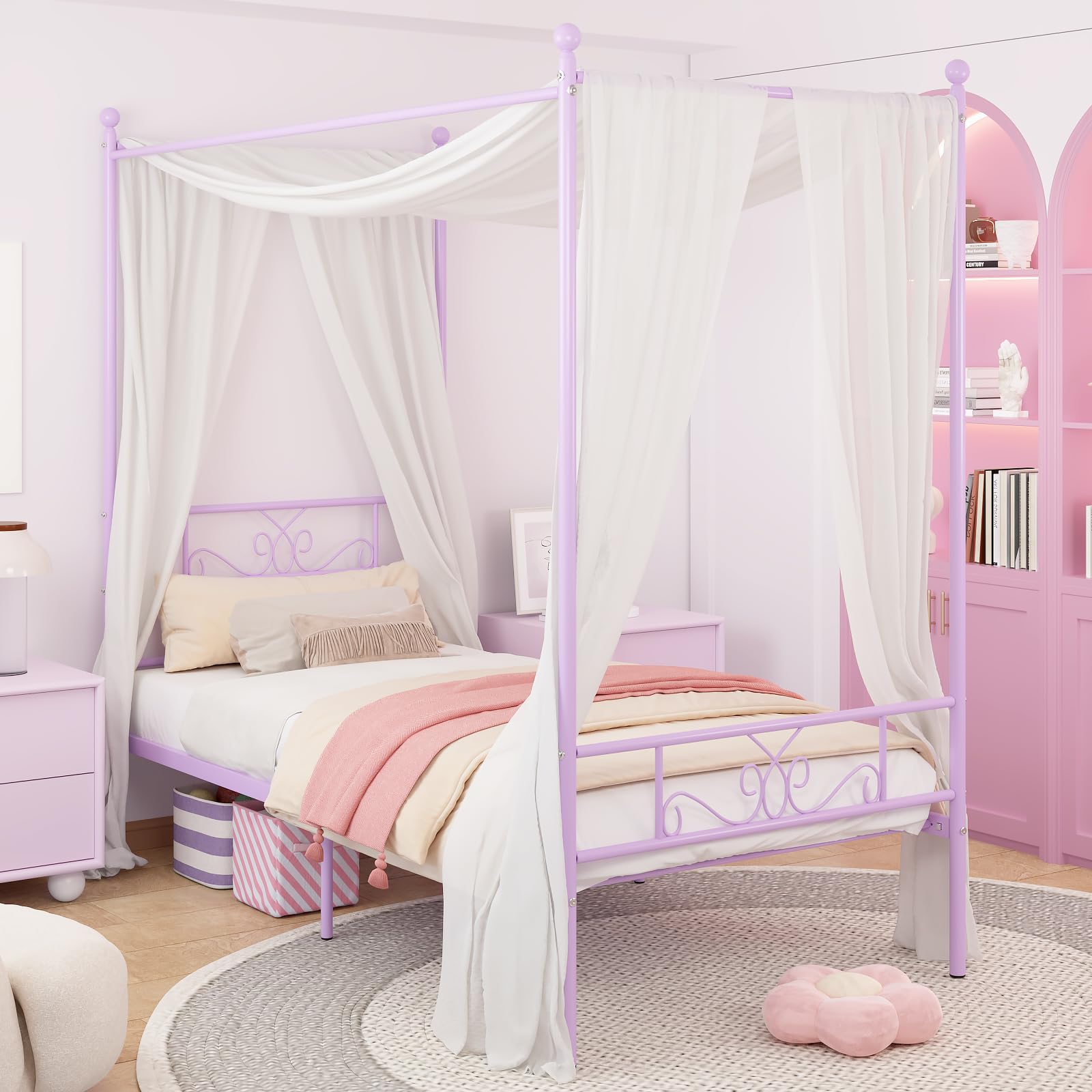 Weehom Twin Canopy Bed Frame With Headboard And Footboard, 4 Posters Metal Bed Frame, No Box Spring Needed, Mattress Foundation Platform Bed For Kids And Adults, Purple