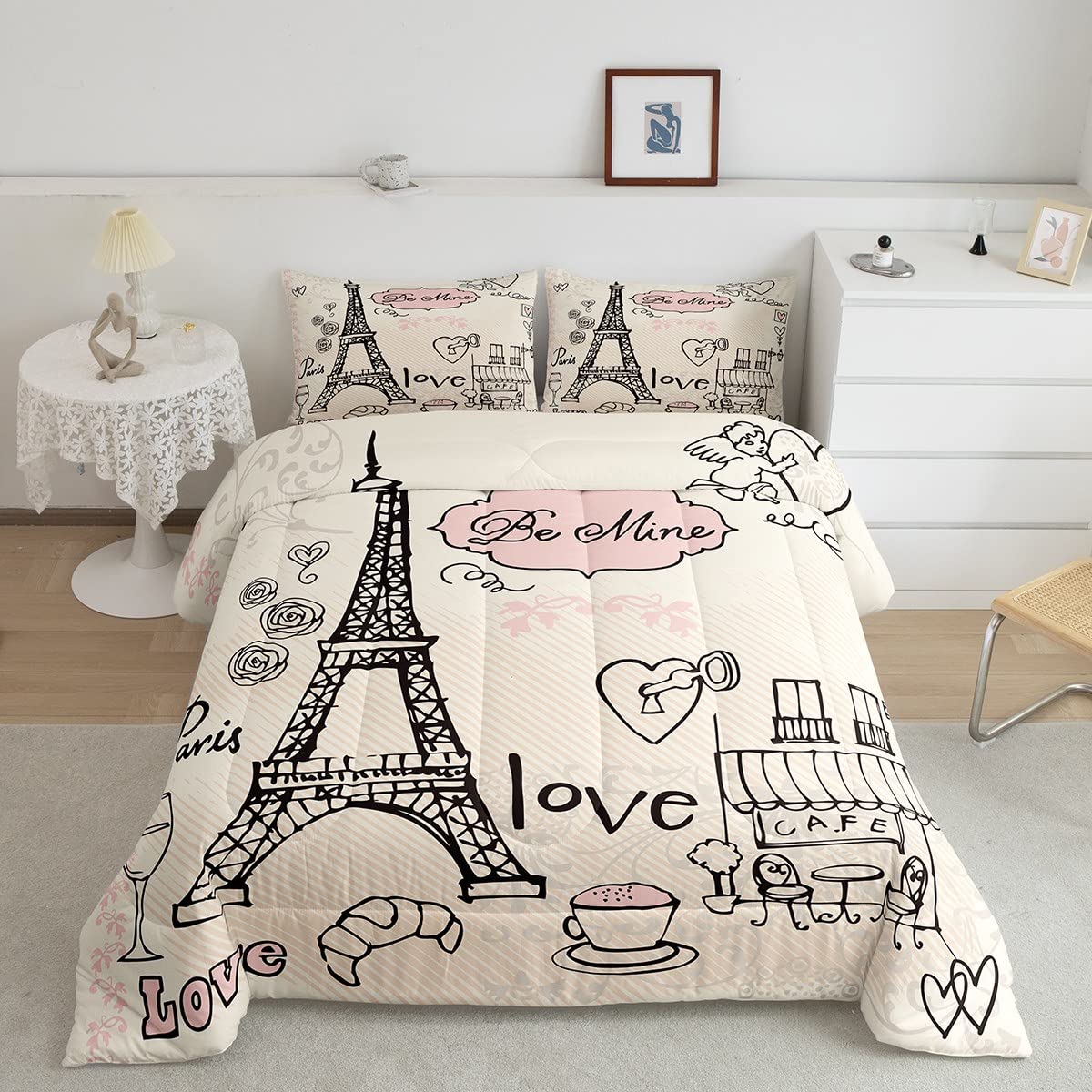 Feelyou Eiffel Tower Comforter Set King Paris Tower Comforter for Girls Romantic Rose Chic Paris Bedding Set Paris Cityscape Pri
