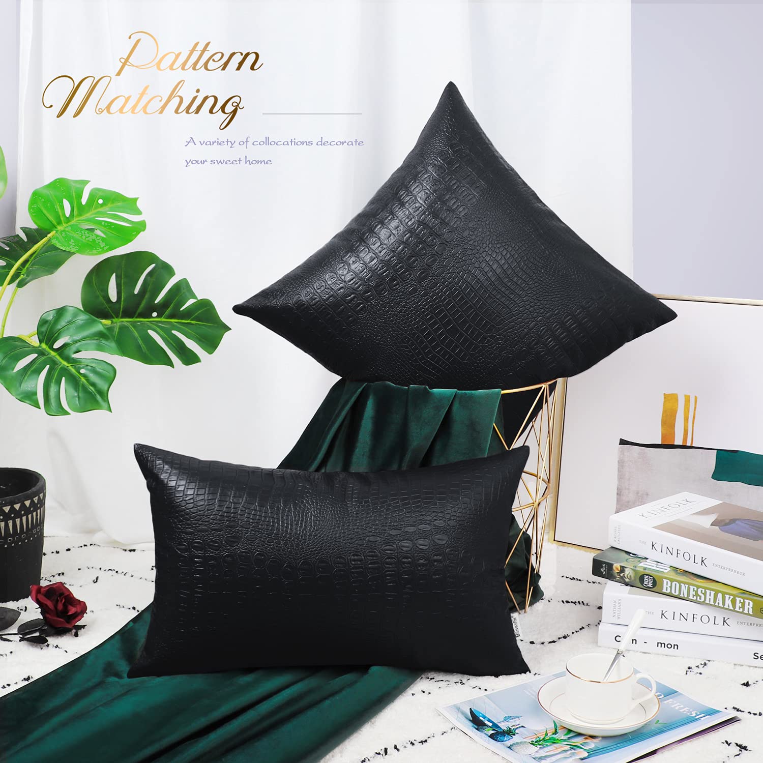 Brawarm Faux Leather Pillow Covers 16 X 16 Inches, Black Leather Pillow Covers Pack Of 2, Crocodile Leather Decorative Throw Pil