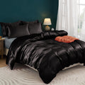 Horbaunal 5 Pieces Satin Duvet Cover Set Queen/Full Size Black Duvet Cover With Corner Ties & Zipper Closure, Luxury & Silky Bed