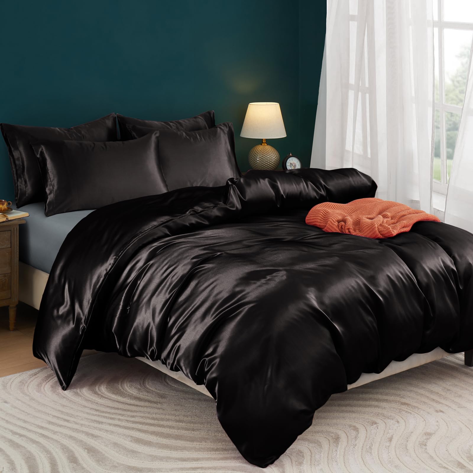 Horbaunal 5 Pieces Satin Duvet Cover Set Queen/Full Size Black Duvet Cover With Corner Ties & Zipper Closure, Luxury & Silky Bed