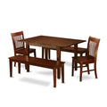 East West Furniture MLNO5C-MAH-W 5 Piece Dining Room Table Set Includes a Rectangle Kitchen Table with Butterfly Leaf and 2 Dining Chairs with 2 Benches, 36x54 Inch, Mahogany