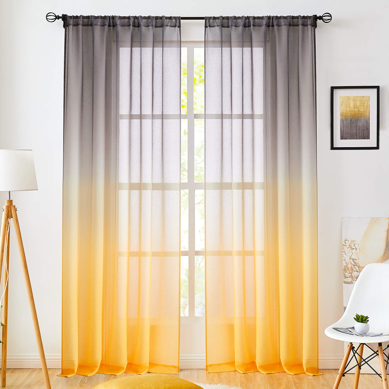 July Joy Faux Linen Ombre Sheer Curtains Yellow and Grey 2 Tone Reversible Rod Pocket for Bedroom Living Room, Privacy and Light