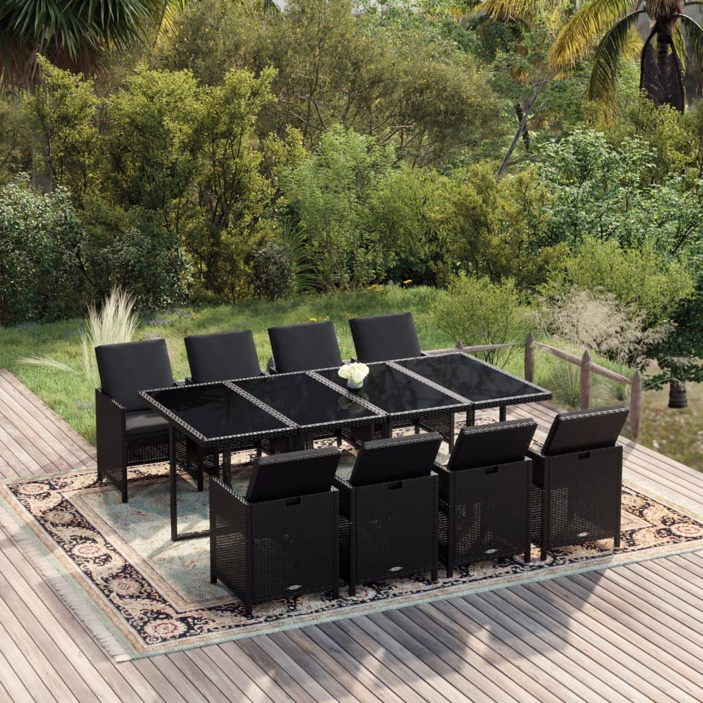 vidaXL Patio Dining Set 9 Piece with Cushions Garden Outdoor Terrace Balcony Table and Chair Seat Seating Furniture Poly Rattan Black
