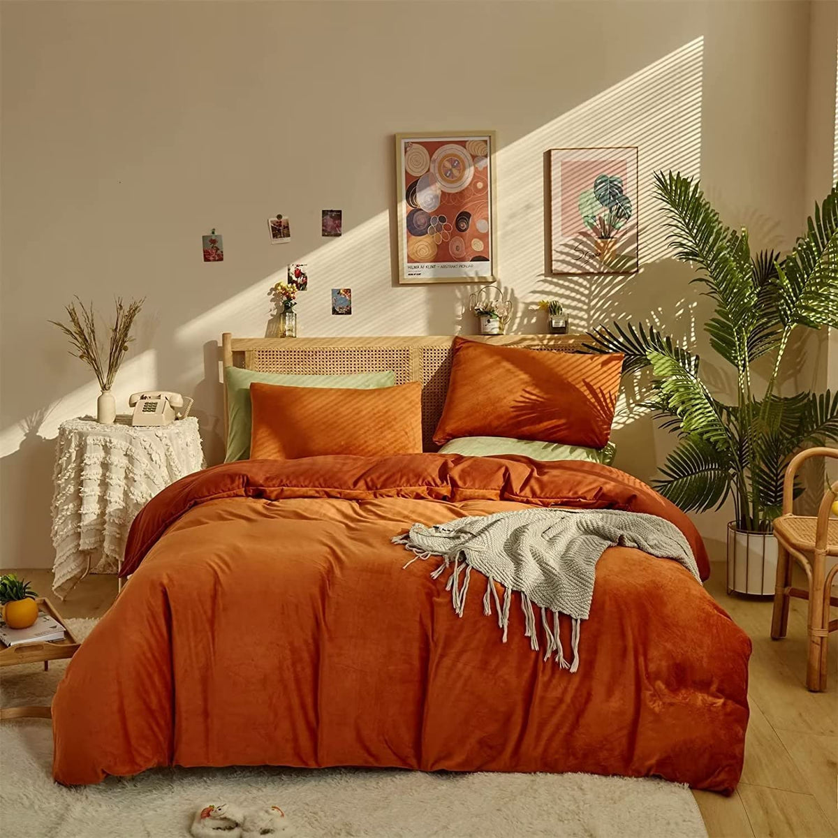 Houseri Burnt Orange Velvet Comforter Set California King Fluffy Rust Comforter Bedding Sets Cal King Terracotta Micromink Sherp