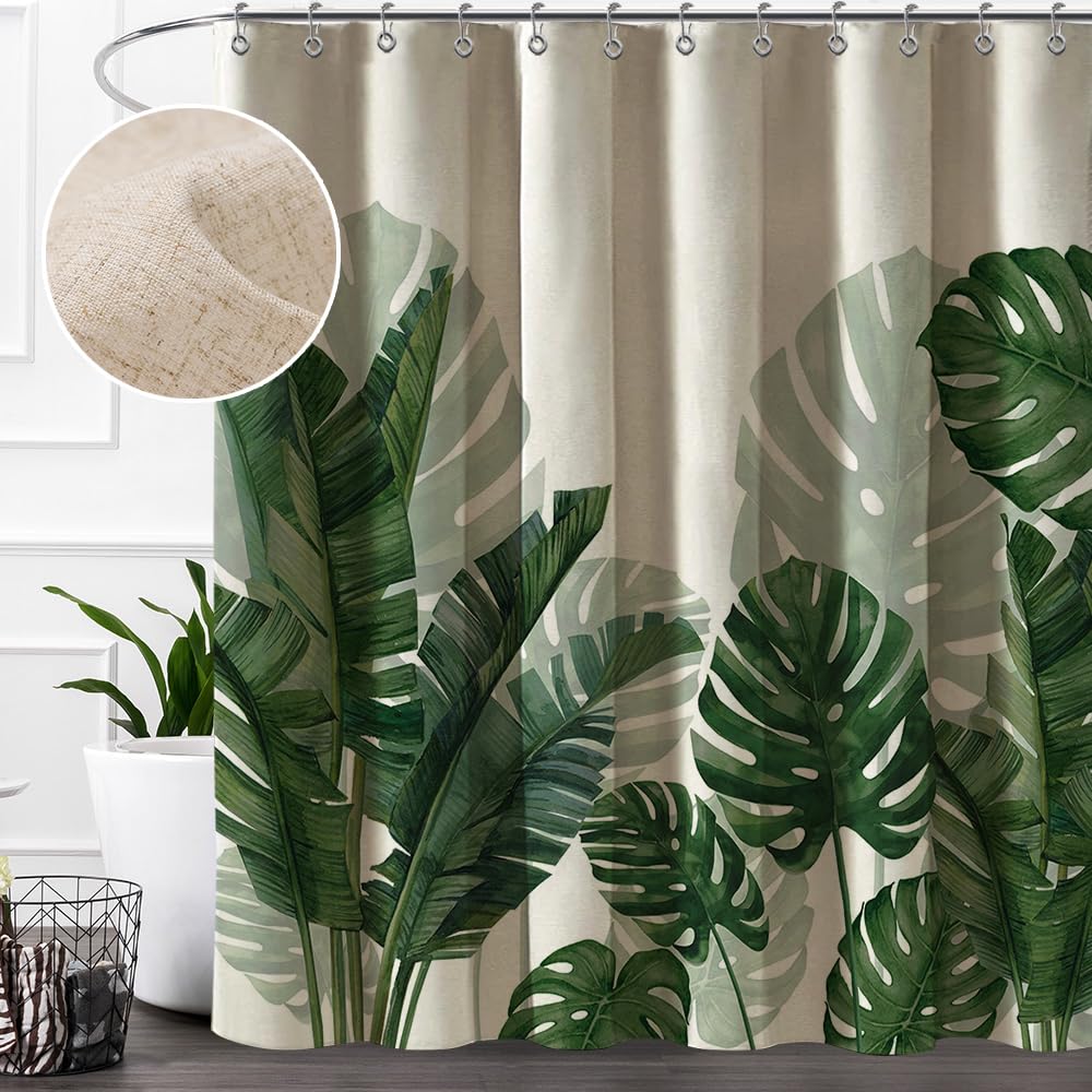 Baccessor Linen Shower Curtain Tropical Green Leaf Shower Curtains Botanical Banana Monstera Leaf Palm Tree Water Repellent Heav
