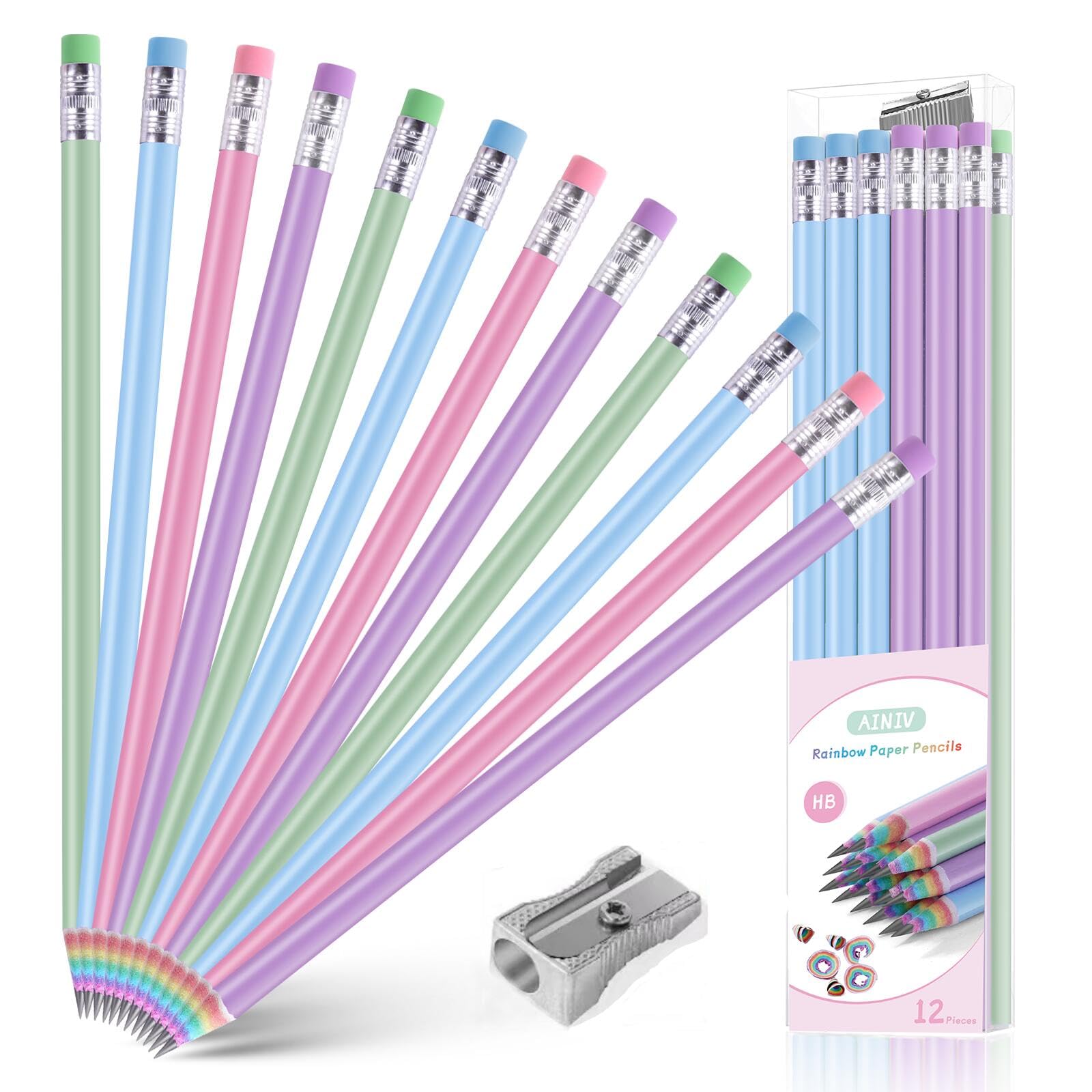 Ainiv 12Pcs Eco-Friendly Wood & Plastic Free Recycled Rainbow Paper Pencils #2 Hb Pencils Number 2 Pencils Erasers Toppers With