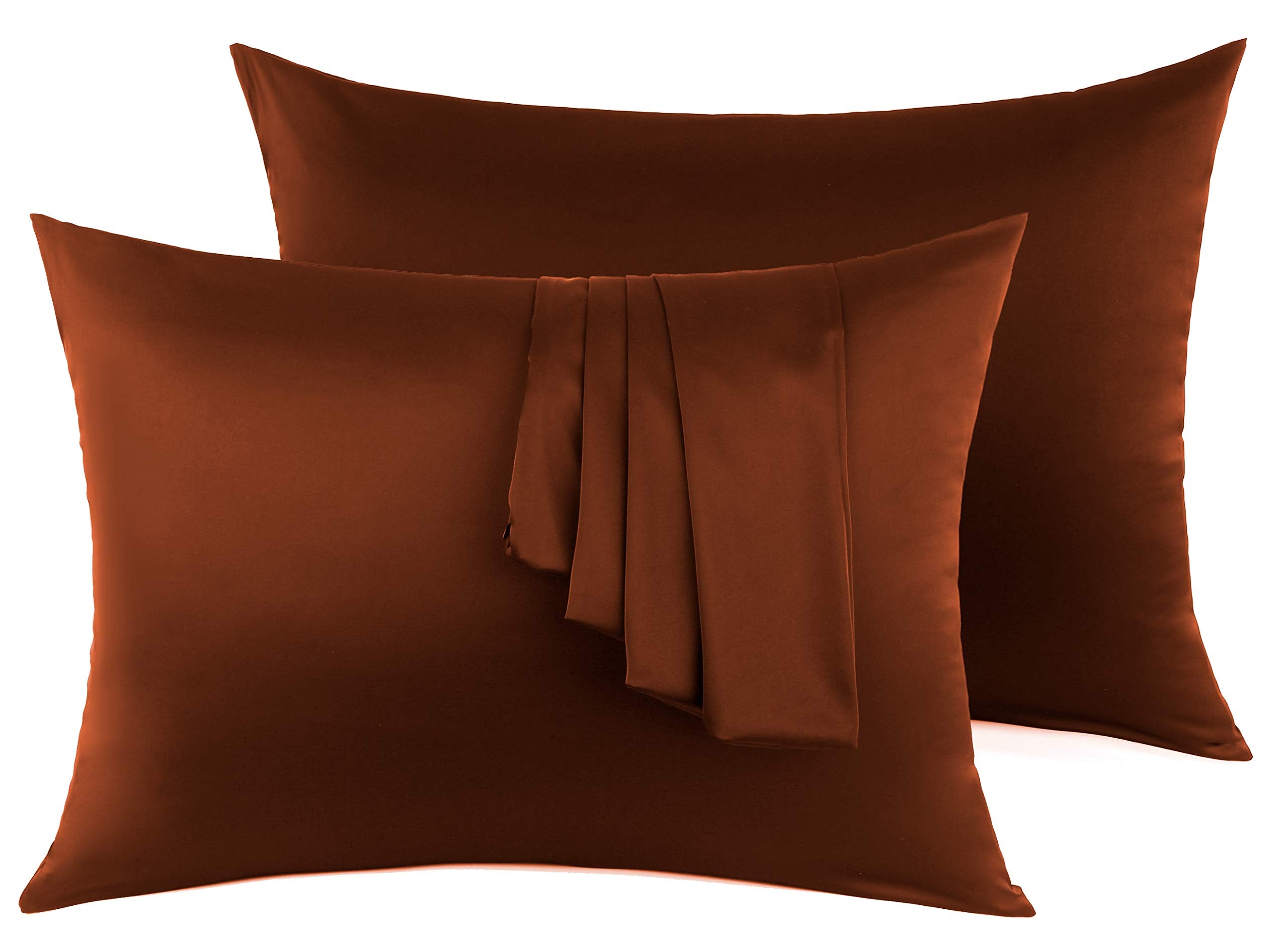 Natural Silk Pillowcase Set Of 2 For Hair &Skin - Both Sides 19 Momme 600 Thread Count With Hidden Zipper (Chocolate, King)