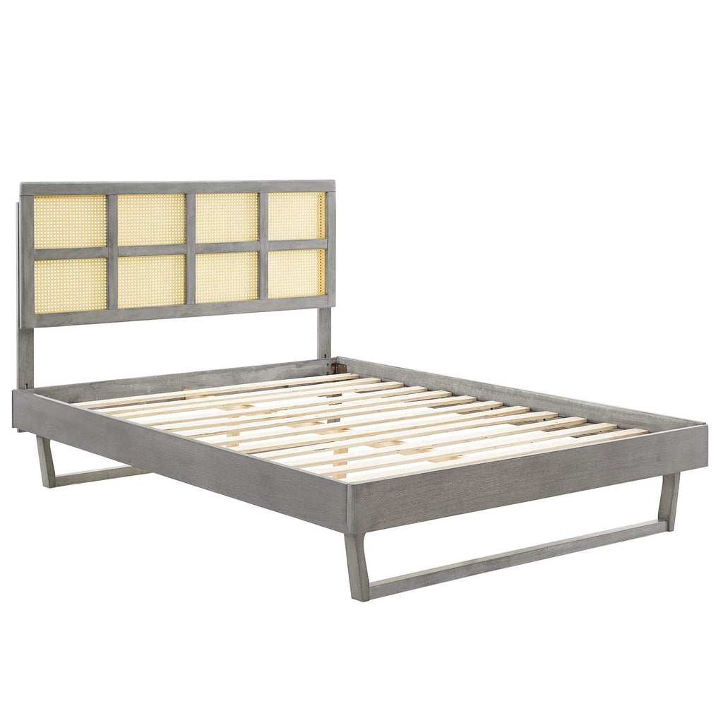 Modway Sidney Cane Rattan And Wood Queen Platform Bed In Gray With Angular Legs