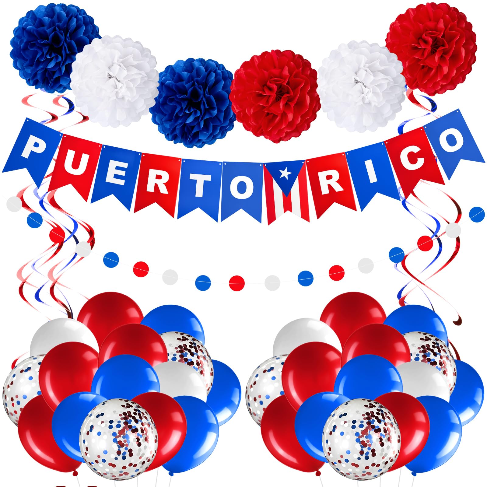 RoundFunny Puerto Rico Party Decorations Puerto Rican Decor Supplies Kit White Blue Red Flag Decorations Banner Paper Pompoms Co