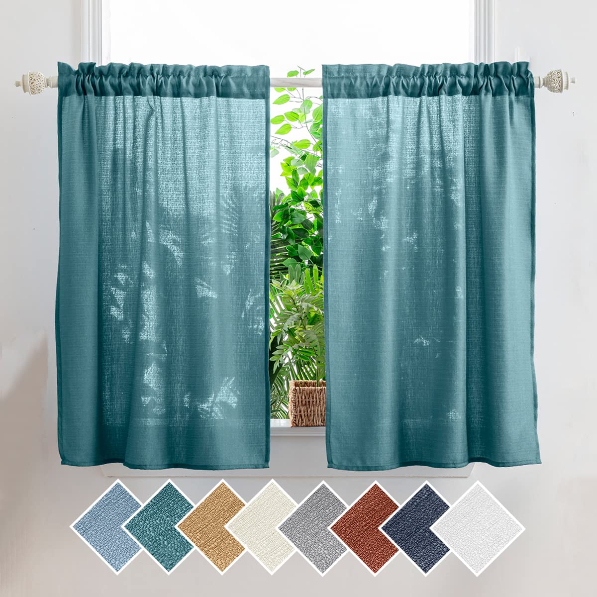 Yancorp Teal Kitchen Tier Curtains 24 inches Length Linen Textured Short Curtains Farmhouse Cafe Curtains Small Window for Bathr