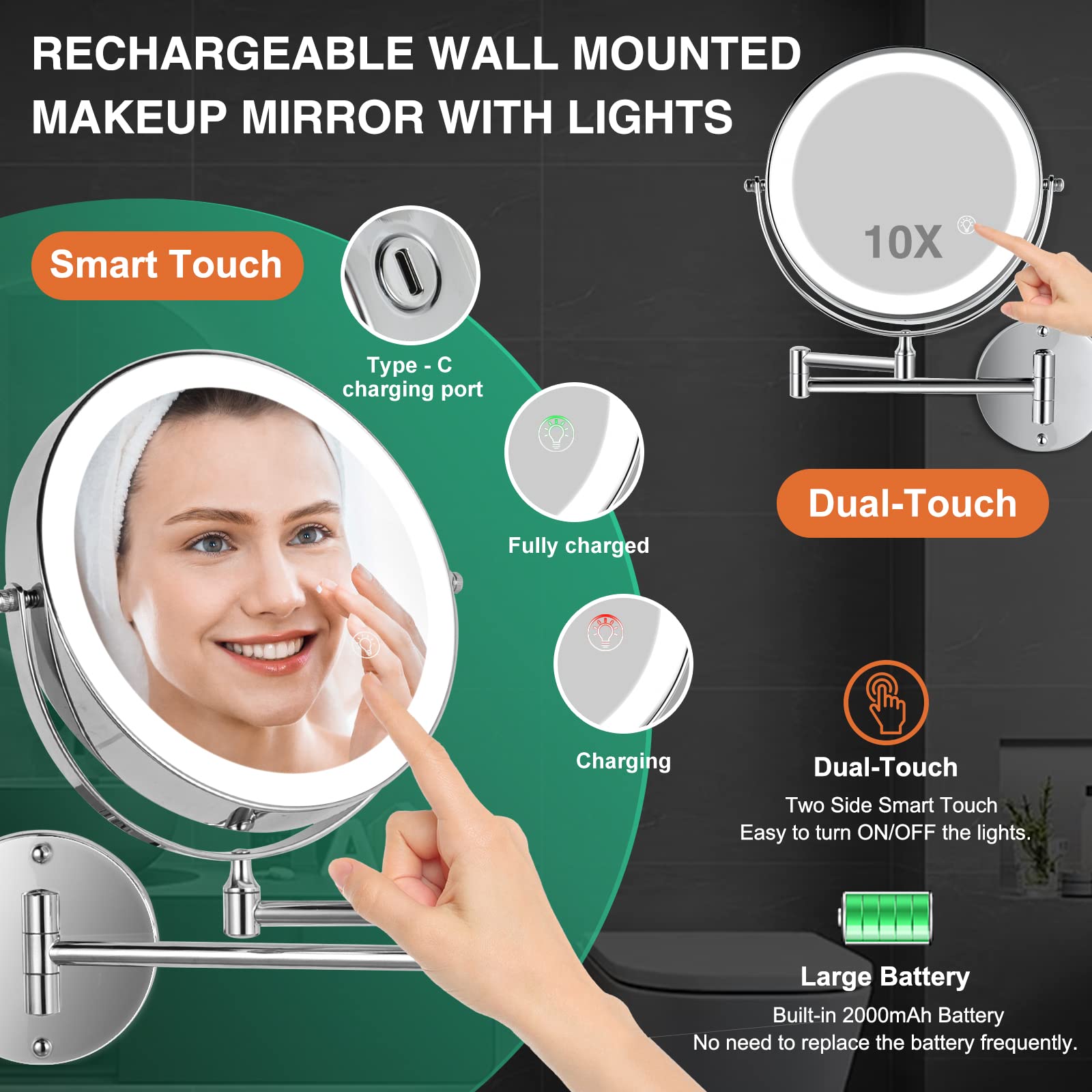 8.5 Inch Rechargeable Wall Mounted Lighted Makeup Mirror, Double-Sided 1X/10X Led Magnifying Vanity Mirror With Lights, 3 Color