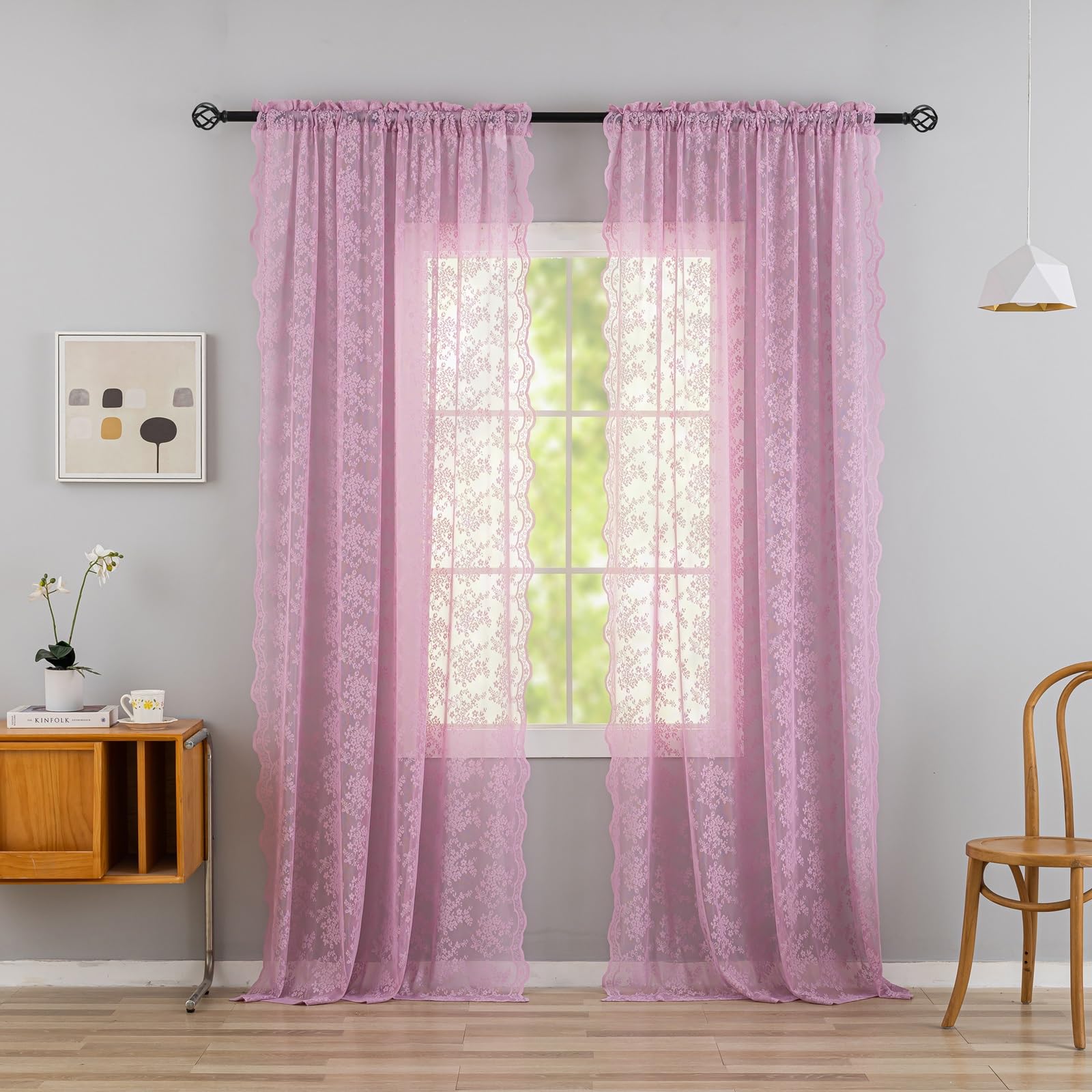 Sheer Purple Curtains Lace Pretty Girls Curtains For Sliding Glass Door Elegant Floral Vine Print Light Filtering Drapes 108 Inc