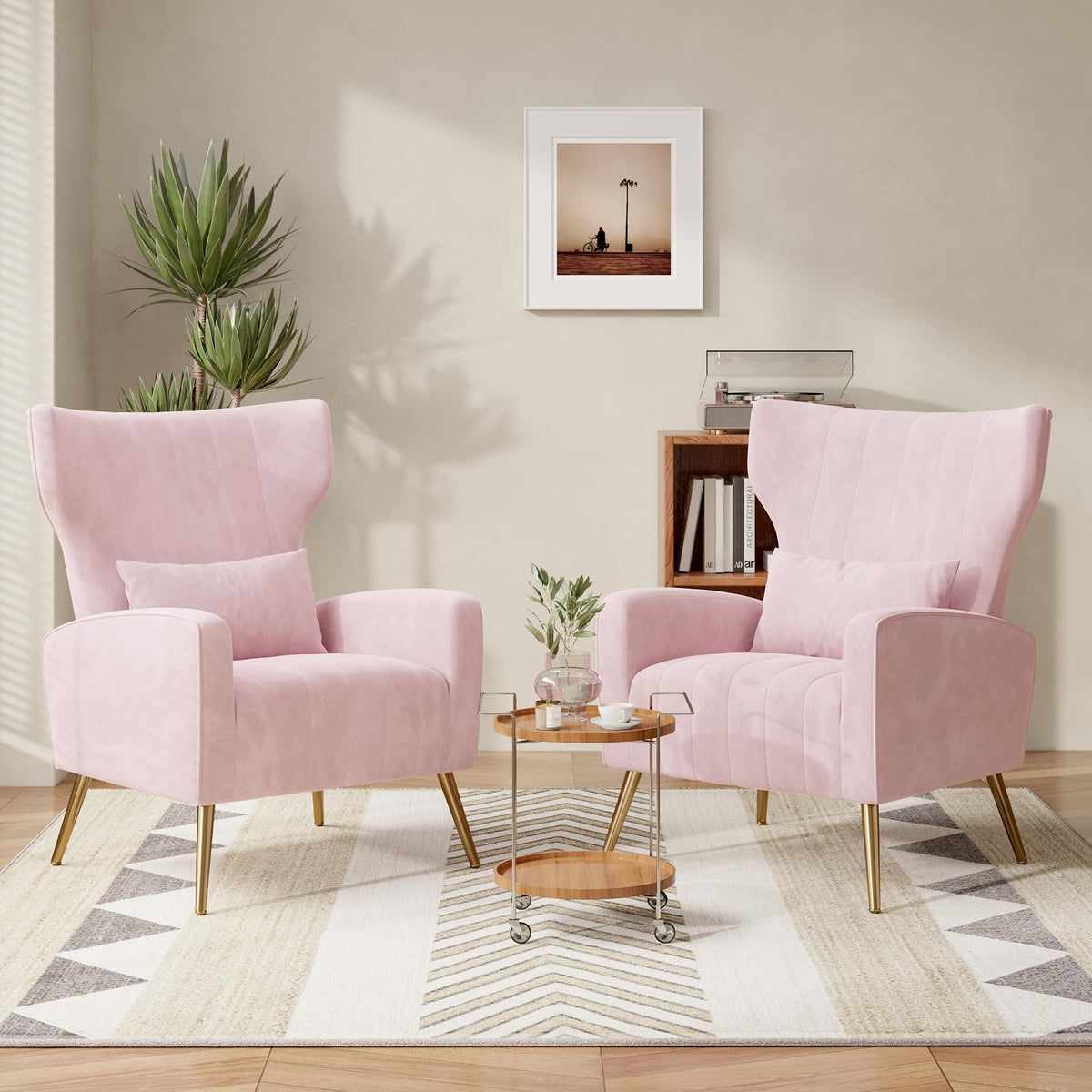 Nebuaegis Velvet Accent Chair Set Of 2Wingback For Living Room, High Back Arm Chair With Golden Legs Lumbar Pillow, Upholstered