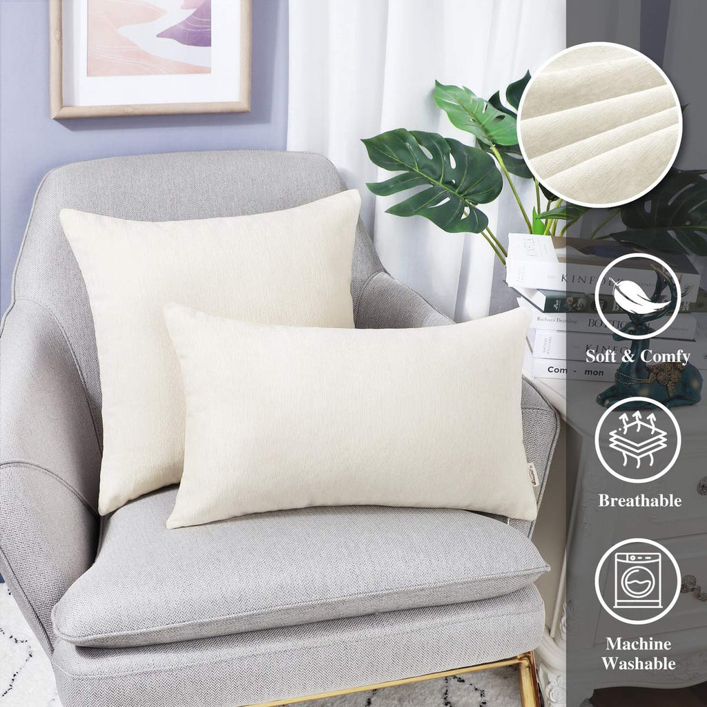 Brawarm Chenille Throw Pillow Covers 12X20 Inches - Cream Chenille Lumbar Pillow Covers Pack Of 2, Solid Dyed Soft Chenille Pill