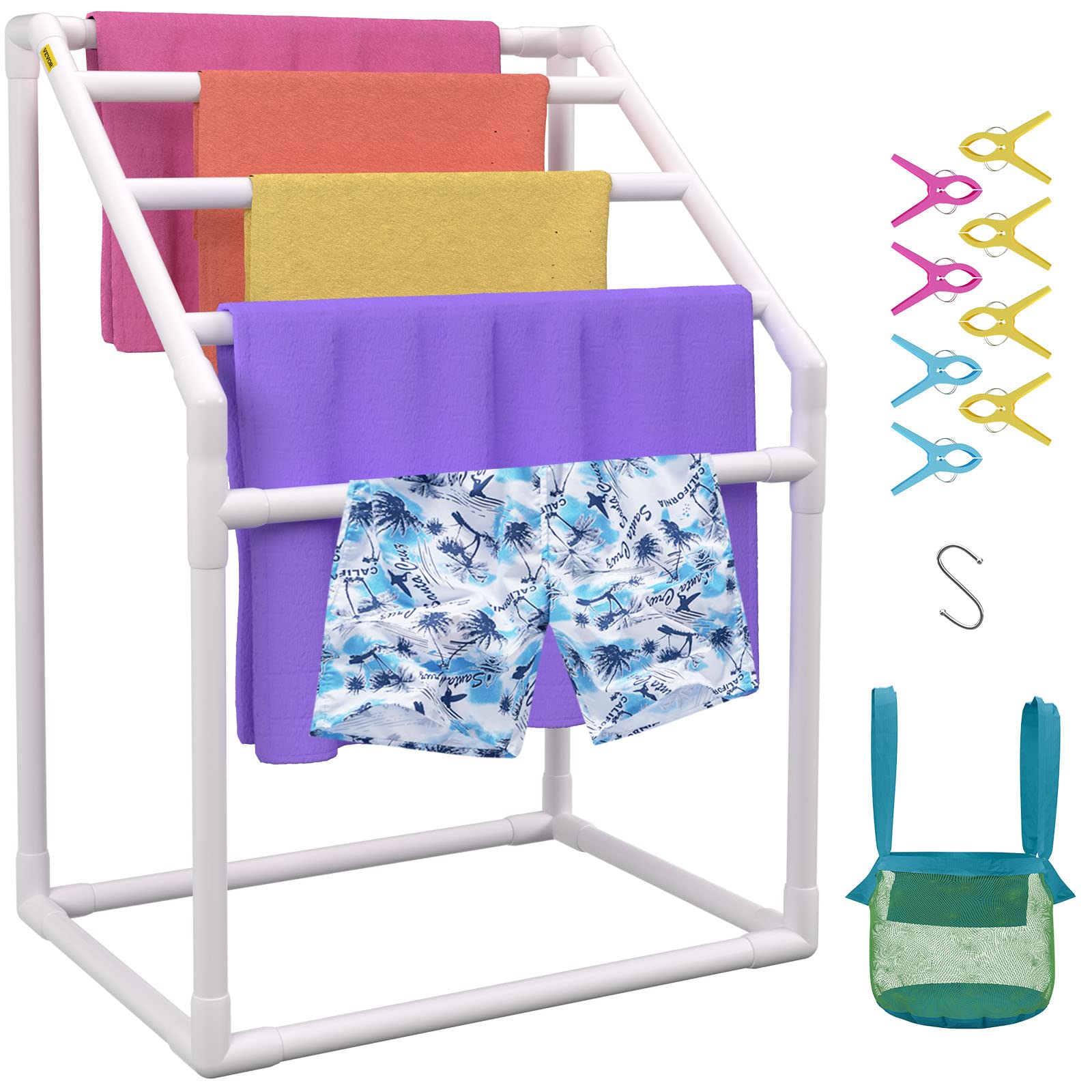 Vevor Pool Towel Rack, 5 Bar, White, Freestanding Outdoor Pvc Trapedozal Poolside Storage Organizer, Include 8 Towel Clips, Mesh