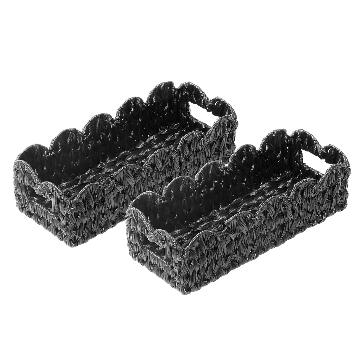 Coeusy Balck Toilet Basket,Set of 2 Scalloped Wicker Basket with Builtin Handles,Long Back of Toilet Baskets for Shelf,Tank Top