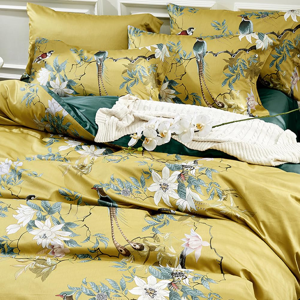 Mixinni Floral Duvet Cover Set Full Soft Cotton White Flowers Birds Bedding With Zipper Closure 2 Pillowcases Leaf Printed Yello