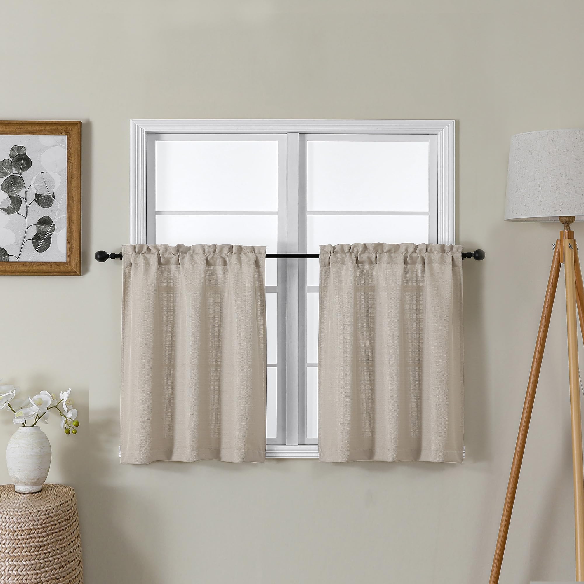 Lecloud Bessie Khaki Short Curtains 24 Inch Length 2 Pcs, Faux Linen Cafe Kitchen Small Curtains with Rod Pocket, Light Filterin